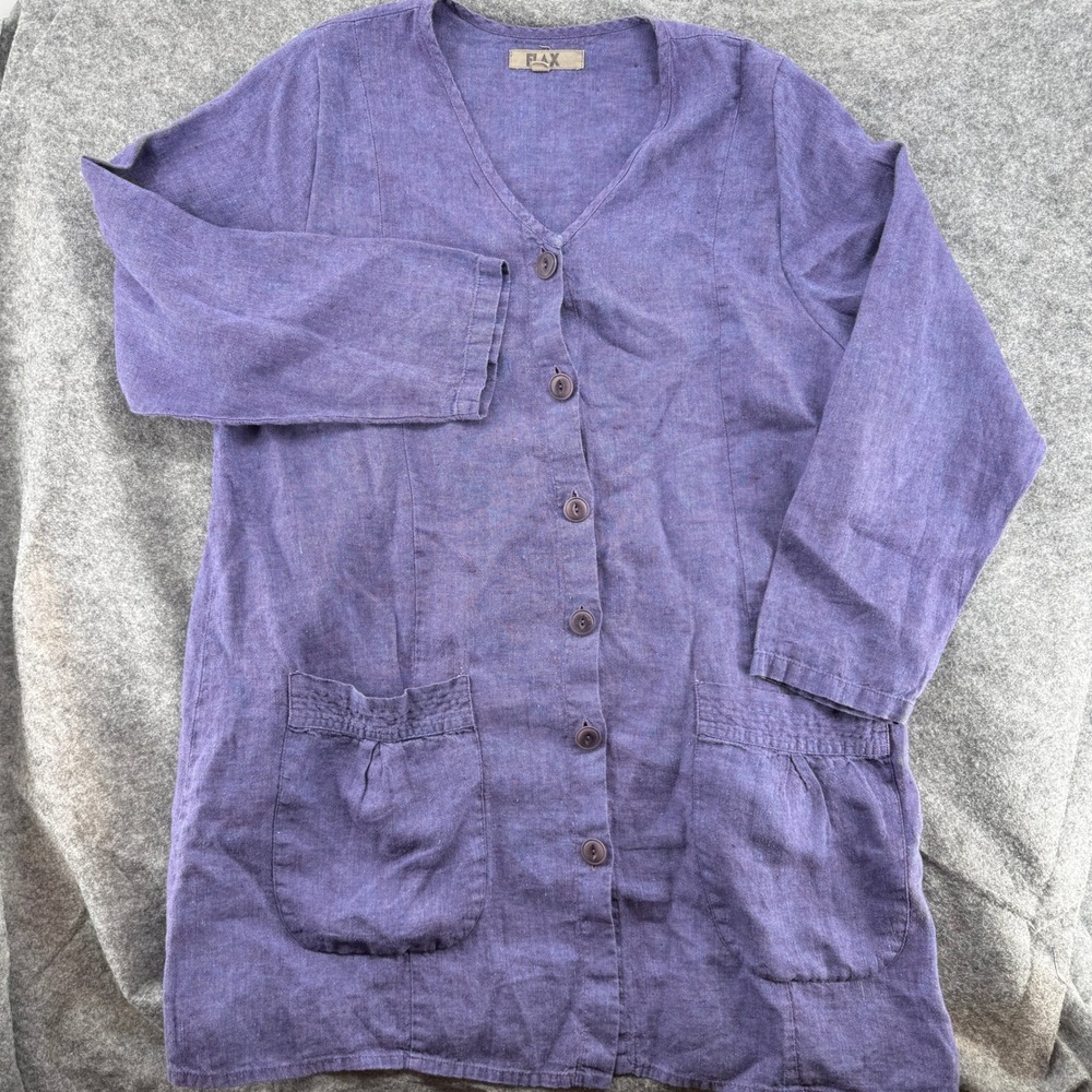 Flax 100% Linen Tunic Cardigan Jacket Women Large Purple Button Up VNeck Pocket